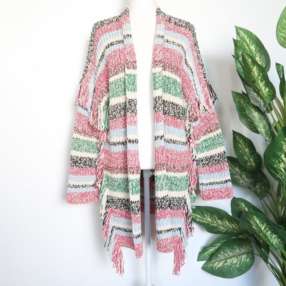 Maje Missy Multicolor Stripe Fringe Knit Long Sleeve Open Front Cardigan Small S - Picture 3 of 15